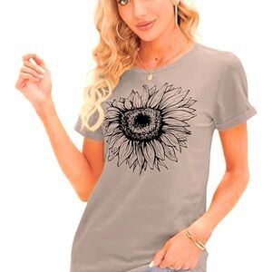 Gray Stretchy T Shirts Short Sleeve Tee Sunflower Graphic Loose Summer Top